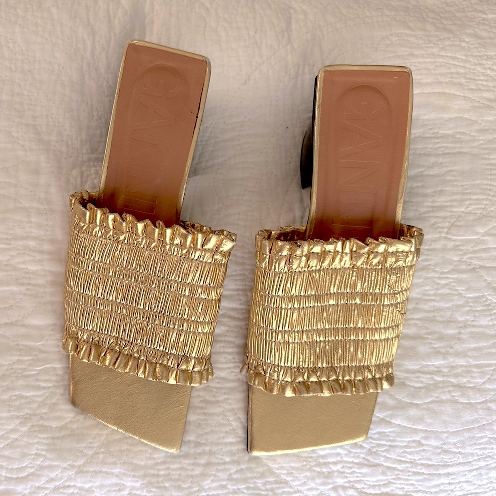Ganni Gold Textured Slide Sandals